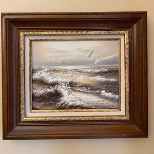 Vintage Seascape Oil Painting in Brown and Gold Frame